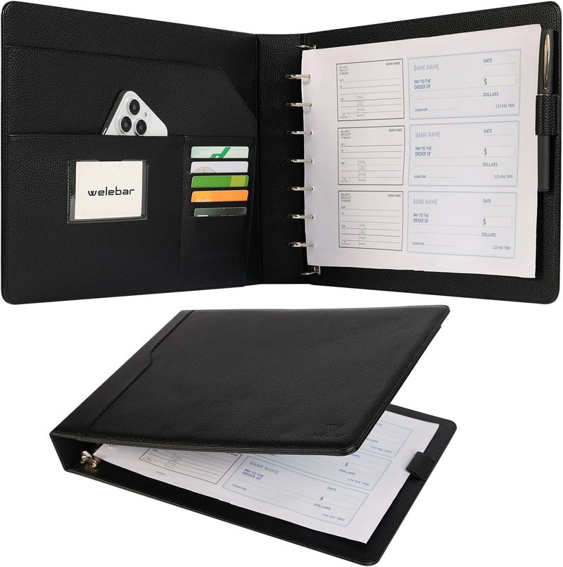 welebar 7-Ring Business Check Binder for 9 x 13 Sheets, 600 Checks Capacity PU Leather Portfolio with Storage Organizer & Zippered Pouch for 3-on-a-Page Business Checks - Image 1